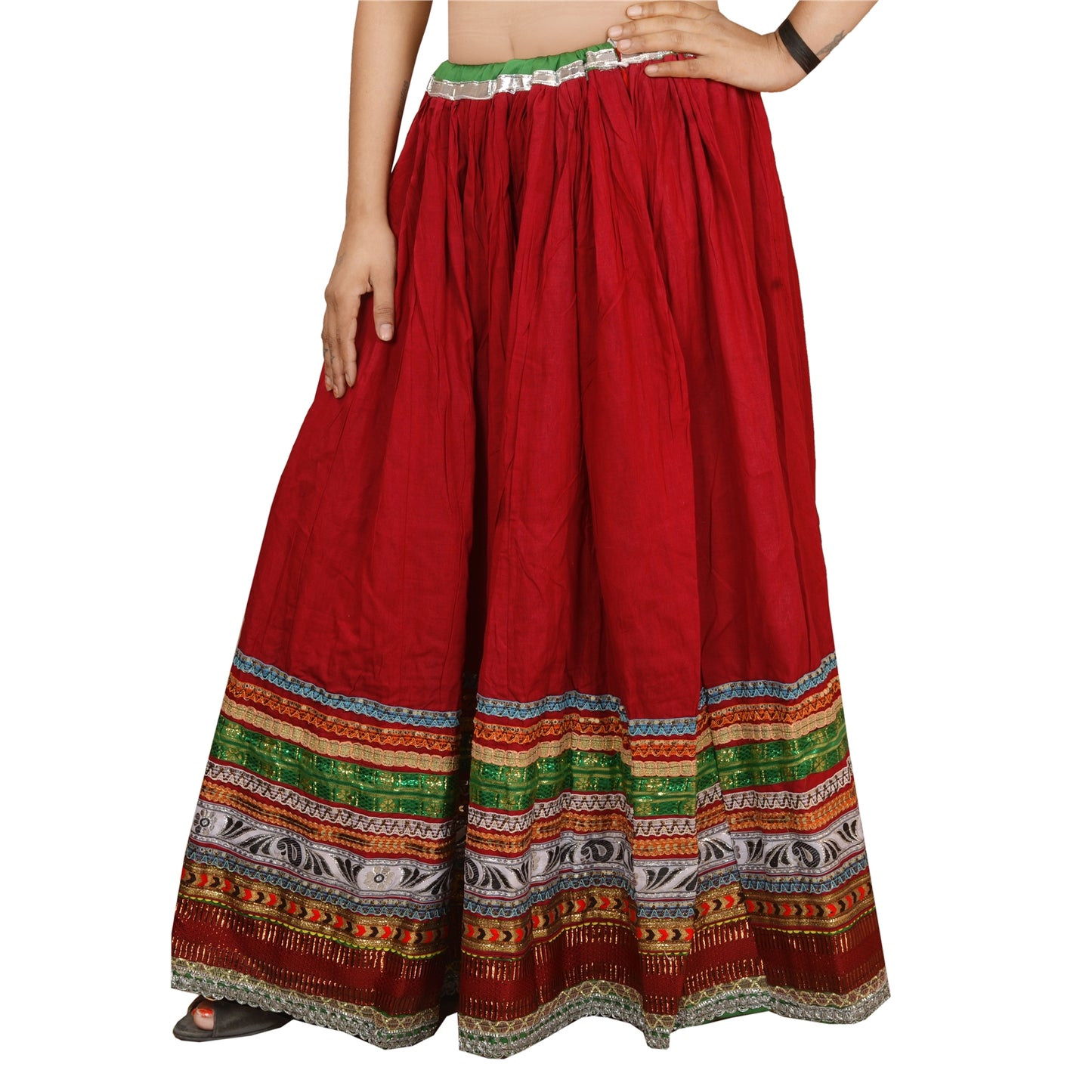 Sanskriti Maroon Cotton Embroidered Gopi Skirt | Long Party Wear Lehenga with Lace Work